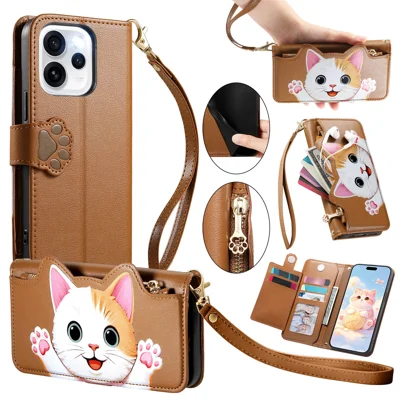  For Oppo Reno15 Pro 5G (China) / Oppo Reno15 Pro Max 5G (Global) Case Cute Cat Pattern PU Leather Wallet Phone Cover with Wrist Strap - Brown
