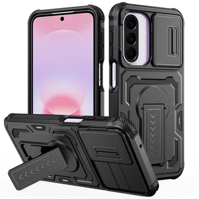 For Samsung Galaxy A27 5G Case Slide Lens Shield PC + TPU Kickstand Phone Cover - Black