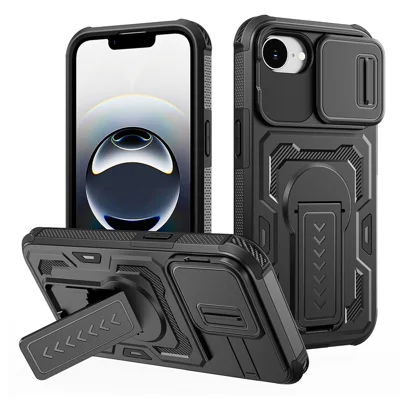 Obudowa na iPhone'a 17e / 16e z przesuwaną osłoną obiektywu PC + TPU z podstawką - Czarny