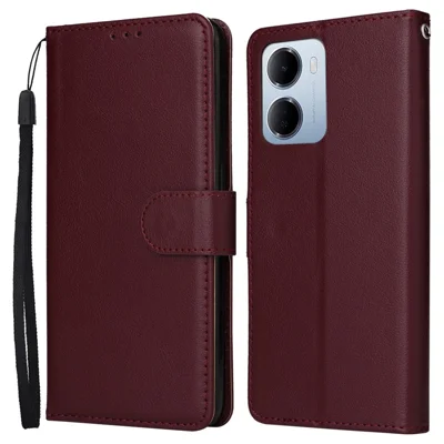 PU Leather Case For Xiaomi Redmi 15a 5G / R70 5G / R70m 5G Wallet Stand Phone Cover with Wrist Strap - Wine Red