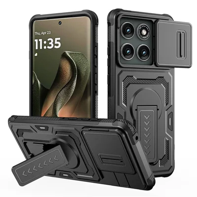 Motorola Edge 60 Pro 5G Hülle mit schiebbarer Objektivabdeckung PC + TPU Ständer Handyhülle - Schwarz