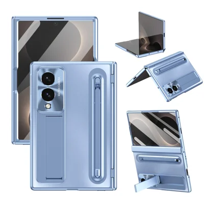 For Samsung Galaxy Z Fold8 Case Kickstand Hinge PC Phone Cover with Tempered Glass Film, Stylus - Blue