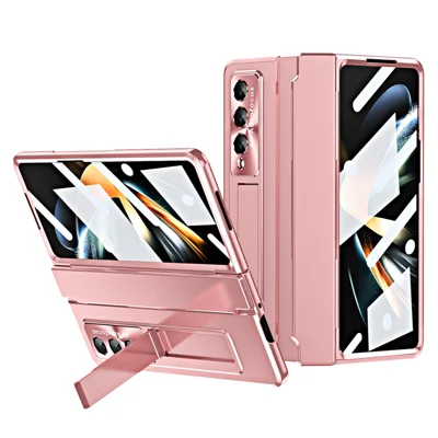For Samsung Galaxy Z Fold4 5G Folding Phone Cover Kickstand Design PC Case with Lens Film and Screen Film - Pink