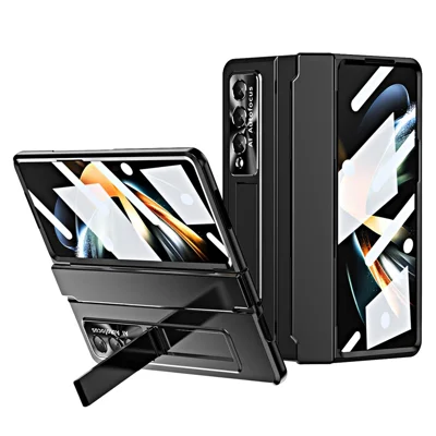 For Samsung Galaxy Z Fold4 5G Folding Phone Cover Kickstand Design PC Case with Lens Film and Screen Film - Black