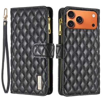  BINFEN COLOR für iPhone 17 Pro BF Style-15 Ledertasche mit Reißverschlussfach und Rautenmuster-Handyhülle - Schwarz