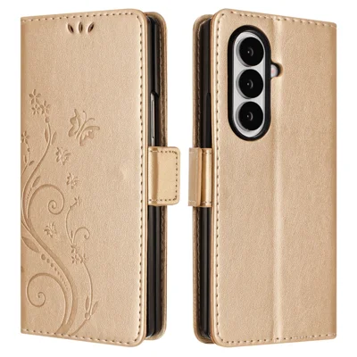 Lederner Wallet-Case für Samsung Galaxy Z Fold8 mit Schmetterlings- und Blumenmuster, goldfarben mit Umhängeband