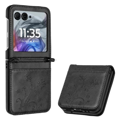 Чехол для Motorola Razr 70 с принтом бабочки и цветов, кожаный чехол для телефона с ремешком на запястье — черный