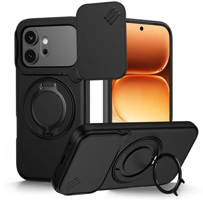 Cover per Honor 600 5G / 600 Pro 5G, Custodia Magnetica con Anello Supporto Rotante e Coperchio Scorrevole per Fotocamera, Cover ibrida in TPU e PC - Nero