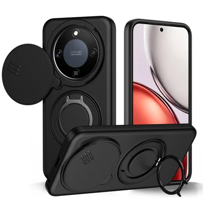 For Honor X9a 5G Case Magnetic Case Ring Kickstand Slide Camera Cover TPU PC Hybrid Phone Shell - Black
