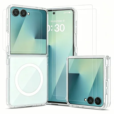 For Samsung Galaxy Z Flip8 Magnetisk Case PC + TPU Gennemsigtig Telefonbeskyttelse + 2 stk Yderskærm Hærdet Glasfilm + 2 stk Inderskærm Hydrogel Film - Transparent