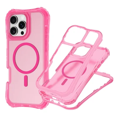 For iPhone 15 Pro Max Magnetic Phone Case Soft-touch 2-in-1 PC+TPU Shockproof Cover Compatible with MagSafe - Hot Pink