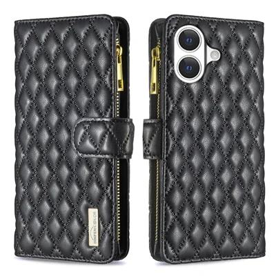 BINFEN COLOR für iPhone 17 BF Style-15 Ledertasche mit Reißverschlussfach Rhombus-Handyhülle - Schwarz