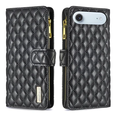 BINFEN COLOR для iPhone Air BF Стиль-15 Кожаный чехол с карманом на молнии Ромбовидный чехол для телефона - Черный