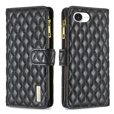 BINFEN COLOR لجهاز iPhone 16e / iPhone 17e BF ستايل-15 غطاء جلد مع جيب بسحّاب وتصميم معيني - أسود