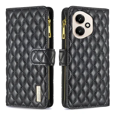 Funda de cuero BINFEN COLOR para Honor 400 5G (Global) BF Style-15 con bolsillo con cremallera y tapa de rombos - Negro