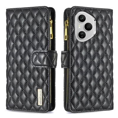  BINFEN COLOR para Honor 400 Pro 5G (Global) Estilo BF-15 Funda de Cuero con Bolsillo con Cremallera y Diseño de Rombo - Negro