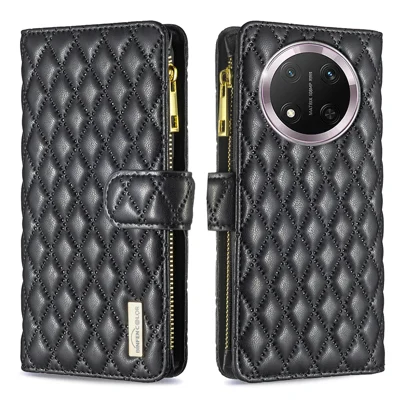 BINFEN COLOR para Honor X60 Pro 5G / Honor X9c 5G / Honor Magic7 Lite 5G Estilo BF-15 Funda de Cuero con Bolsillo con Cremallera y Diseño de Rombo - Negro