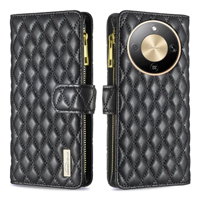 BINFEN COLOR for Honor X70 5G / Honor X9d 5G / Honor Magic8 Lite 5G BF Style-15 Leather Case Zipper Pocket Rhombus Phone Cover - Black