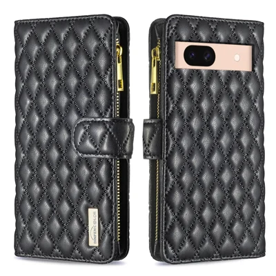 Funda de cuero BINFEN COLOR para Google Pixel 9a estilo BF-15 con bolsillo con cremallera y tapa con diseño de rombos - Negro