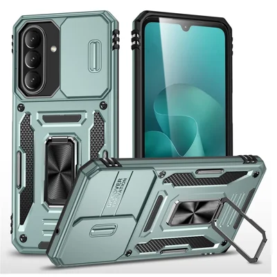 For Samsung Galaxy A27 5G Case Kickstand Slide Lens Lid PC + TPU Drop-Proof Phone Cover - Green