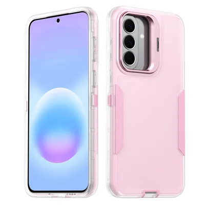 For Samsung Galaxy A27 5G Case TPU + PC Hybrid Phone Cover with Alloy Lens Frame Kickstand - Transparent  /  Pink