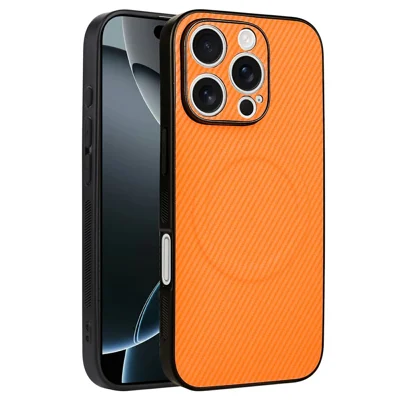 For iPhone 16 Pro Max Case Carbon Fiber Texture Leather Coated TPU PC Phone Cover with Metal Ring for Magnetic Car Mount - Orange