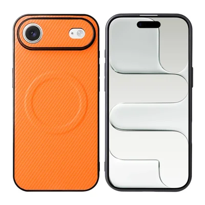 For iPhone Air Case Carbon Fiber Texture Leather Coated TPU PC Phone Cover with Metal Ring for Magnetic Car Mount - Orange