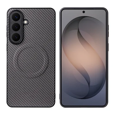 Voor Samsung Galaxy S25 FE hoesje met koolstofvezelstructuur, met leerlaag bekleed TPU PC telefoonhoesje met metalen ring voor magnetische autodrager - Grijs