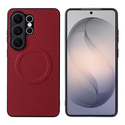 Funda para Samsung Galaxy S26 Ultra con Textura de Fibra de Carbono, Revestimiento de Cuero PU, TPU y PC con Anillo Metálico para Soporte Magnético de Coche - Rojo