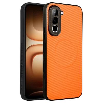 For Infinix Hot 70 Case Carbon Fiber Texture Leather Coated TPU PC Phone Cover with Metal Ring for Magnetic Car Mount - Orange