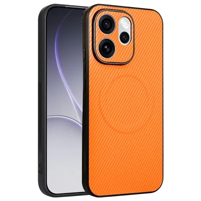 For Oppo Reno15 Pro Max 5G (Global)  /  Reno15 Pro 5G (China) Case Carbon Fiber Texture Leather Coated TPU PC Phone Cover with Metal Ring for Magnetic Car Mount - Orange