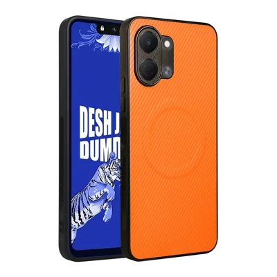 For TECNO Spark Go 3  /  Pop 20 4G Case Carbon Fiber Texture Leather Coated TPU PC Phone Cover with Metal Ring for Magnetic Car Mount - Orange