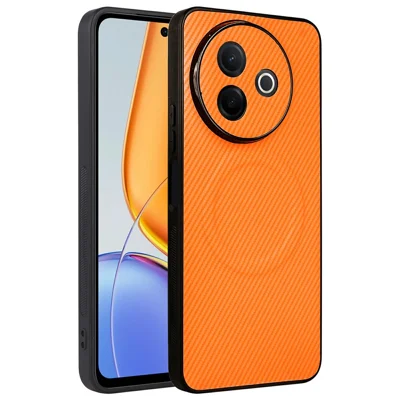 For vivo Y39 5G  /  Y300i 5G Case Carbon Fiber Texture Leather Coated TPU PC Phone Cover with Metal Ring for Magnetic Car Mount - Orange