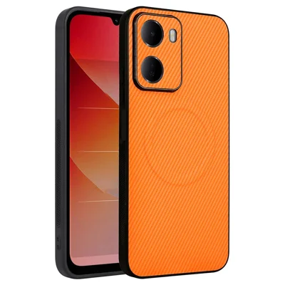 For Xiaomi Redmi 15a 5G  /  R70 5G  /  R70m 5G Case Carbon Fiber Texture Leather Coated TPU PC Phone Cover with Metal Ring for Magnetic Car Mount - Orange