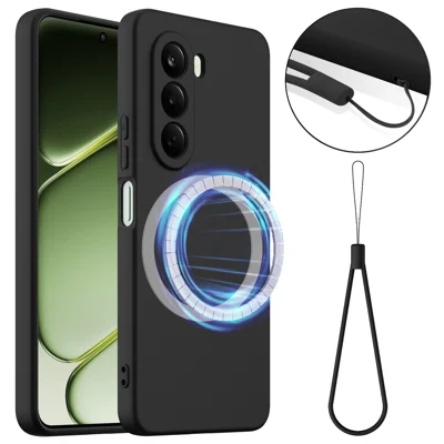 غطاء مغناطيسي لهاتف Realme P4x 5G / OnePlus Nord CE6 Lite 5G من السيليكون السائل المضاد للسقوط مع حبل حمل - أسود