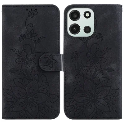 غطاء هاتف بتصميم زهرة الزنبق لهاتف OnePlus Nord 6 5G / CE6 5G مع حامل وشريط معصم من الجلد - أسود