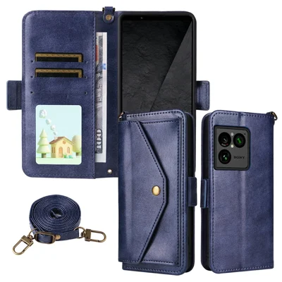 For Sony Xperia 1 VIII Leather Case Magnetic Closure Wallet Stand Phone Cover with Crossbody Strap - Blue