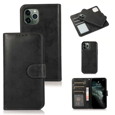 For iPhone 16 Pro Max Wallet Case Retro Matte Magnetic Detachable PU Leather TPU Phone Cover - Black