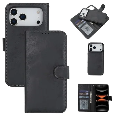 For iPhone 17 Pro Wallet Case Retro Matte Magnetic Detachable PU Leather TPU Phone Cover - Black