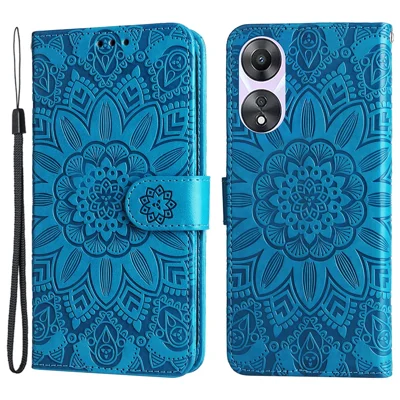 For Oppo A58 5G PU Leather Sunflower Imprinted Phone Case Stand Wallet Folio Flip Cover with Wrist Strap - Blue
