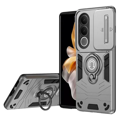 Cover per vivo V70 FE 5G con scorrimento protezione fotocamera, supporto kickstand in PC + TPU - Grigio