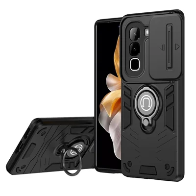 Étui pour Infinix Hot 70, Étui à Glissière Camshield avec Support Pivotant et Anneau de Poignée en PC + TPU - Noir