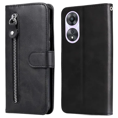 Calf Texture Phone Case for Oppo A58 5G, PU Leather Zipper Pocket Cover with Stand Wallet - Black