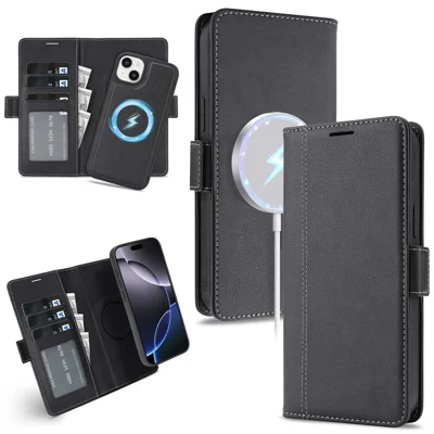 For iPhone 14 Magnetic Case Detachable 2 in 1 Leather Wallet Phone Cover - Black