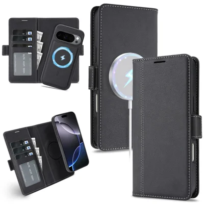 For Google Pixel 10 Pro XL / Pixel 9 Pro XL Magnetic Case Detachable 2 in 1 Leather Wallet Phone Cover - Black