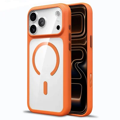 Coque magnétique pour iPhone 17 Pro, coque arrière transparente en acrylique + TPU résistante aux rayures - Orange