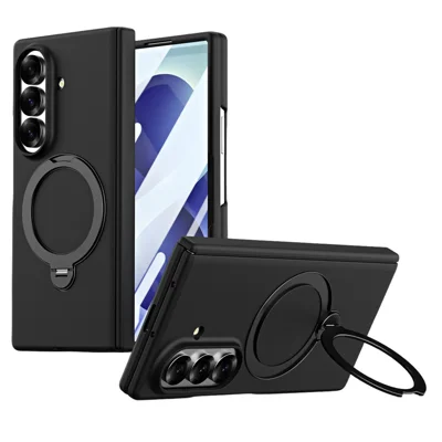 Für Samsung Galaxy Z Fold7 5G Hülle Magnetische Drehständer Hart-PC-Handycover mit Gehärtetem Glasfilm - Schwarz