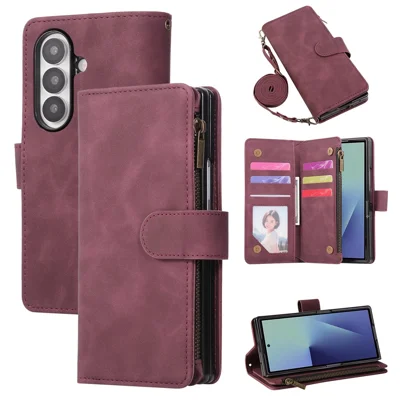 Voor Samsung Galaxy Z Fold8 Ultra Case met rits, multi-vakjes portemonnee lederen telefoonhoesje met schouder- en polsriemen - Wijnrood