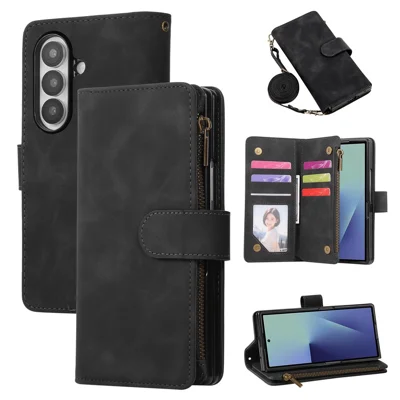 For Samsung Galaxy Z Fold8 Ultra Case Zipper Multi-Pocket Wallet Leather Phone Cover with Shoulder and Wrist Straps - Black
