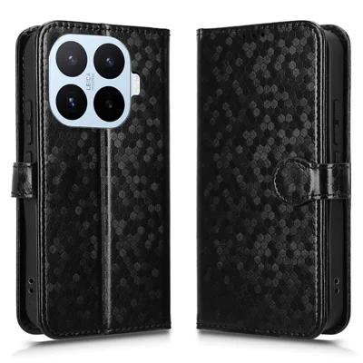 Étui portefeuille pour Xiaomi 17T Pro avec motif à pois, housse en cuir PU avec impression de points et sangle de poignet - Noir